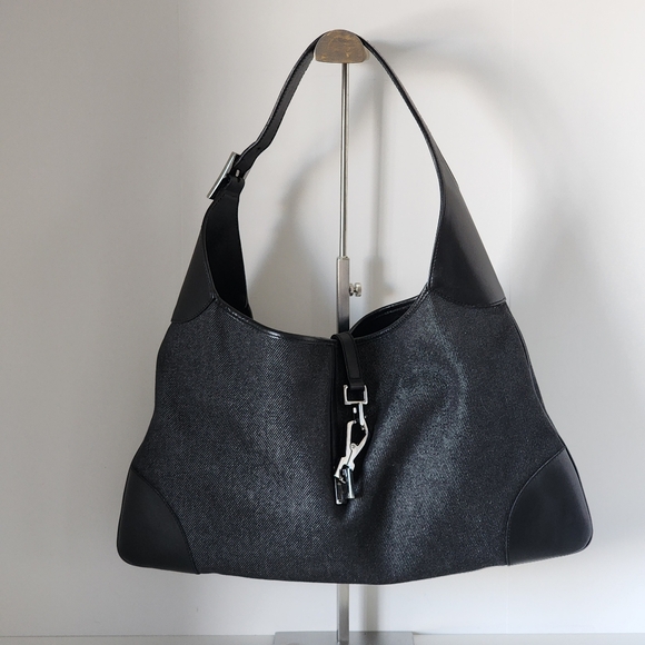 Vintage Gucci Black Denim Leather Jackie Hobo With Silver Clasp - Tom Ford Era - Picture 2 of 7